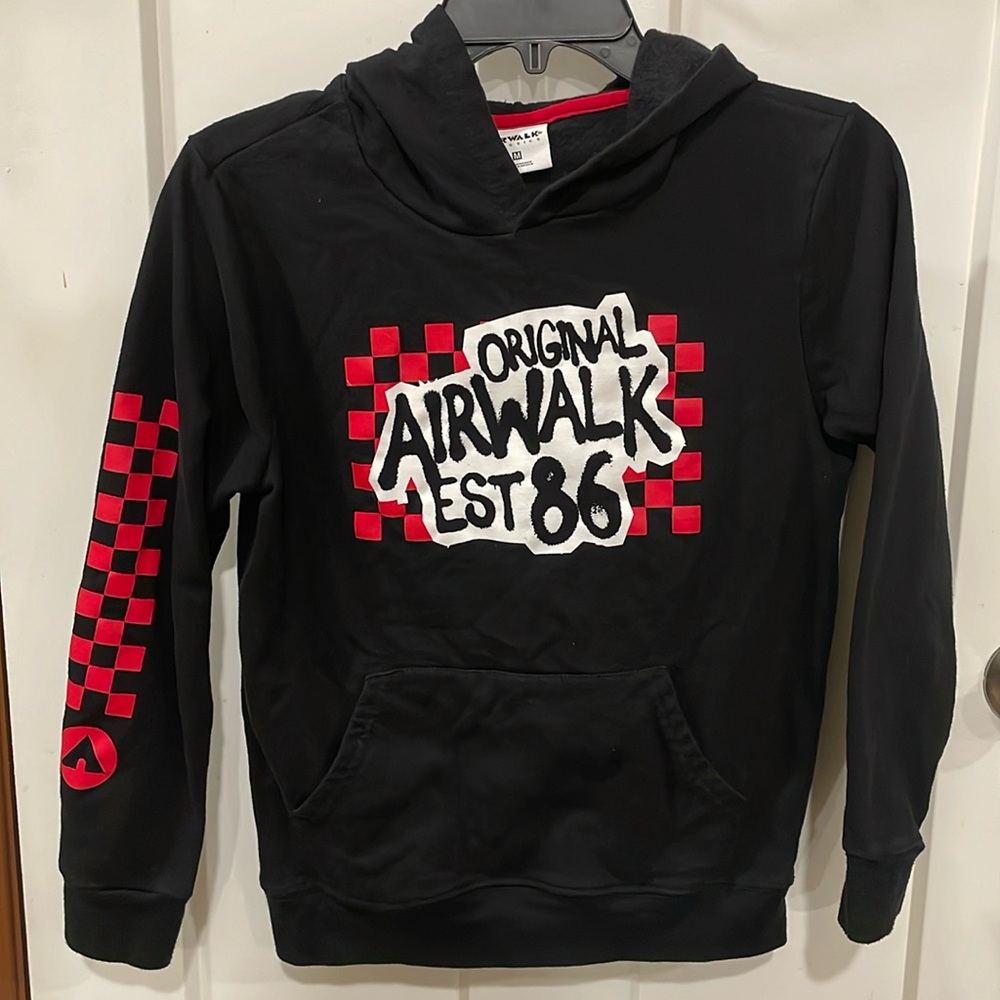 Boys Airwalk Pull On Hood jacket Black Red Logo Long Sleeve Sweatshirt Checkered
